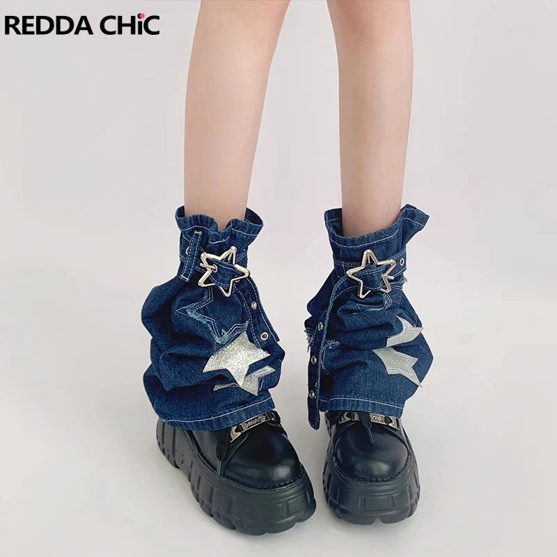 

ReddaChic Shiny Star Girl Y2k Long Socks Sparkling Stitch Blue White Leggings Women Denim Leg Warmers Knee-high Boots Cover