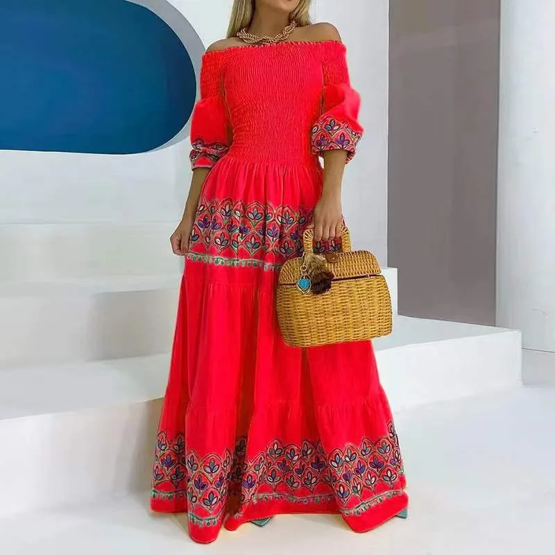 Frauen lange lose Maxi neue Sommer hohe Taille Riemen Typ lose gelbe ethnische Druck lange Gruppe Kleid