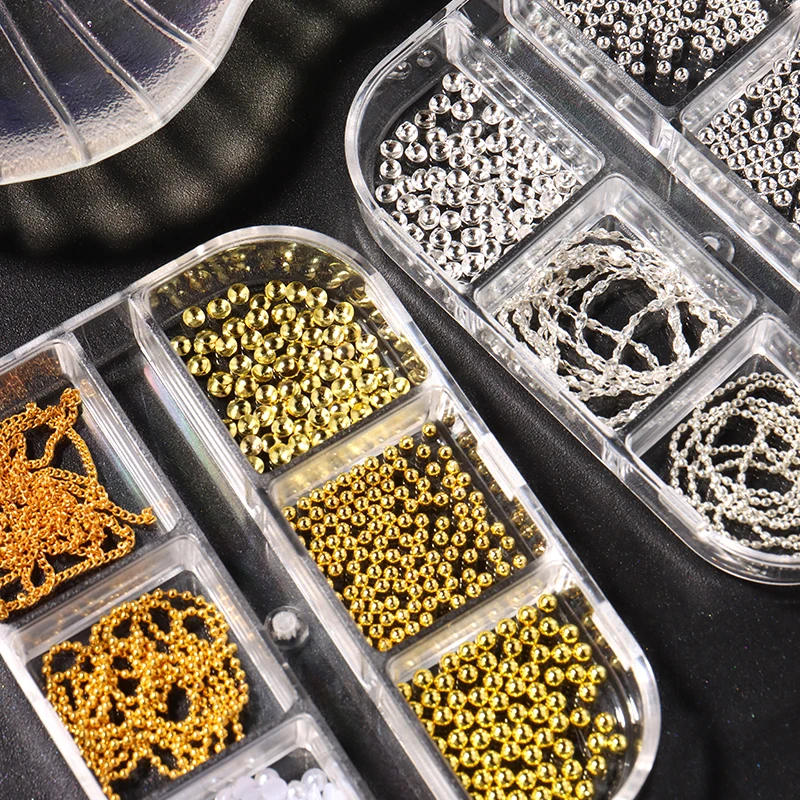 6-teilige Metall-Kaviar-Perlen 3D Nagelketten Dekorationen Elegantes Gold-Silber-Ketten-Design Y2K Punk Legierung Nagel-Charm Schmuck – Detail 4
