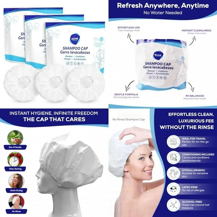 No Rinse Shampoo Cap, Rinse Free Shower Cap that Shampoos & Conditions, Elderly Care Products, Bedridden Patients, PH Balanced & Hypoallergenic, 3 Pack