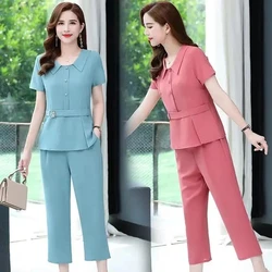 Women Pants 2-Piece Set 2023 Summer Suit Middle Aged Female Short Sleeve Tops+Pants Two-Piece Suit Femme Loose Sets 4XL