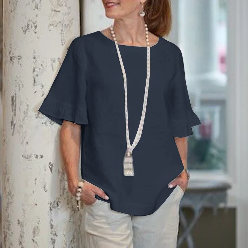 

2024 Summer Fashion Half Sleeve Blouse Women Elegant OL Work Shirt Casual O Neck Solid Tunic Tops Blusas Female Chemise