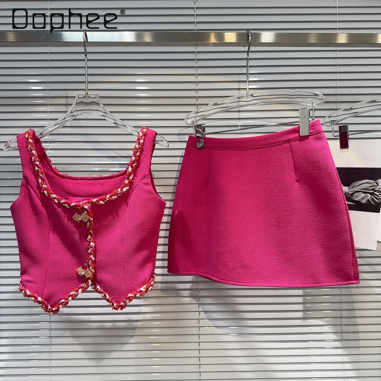 

Summer New Temperament Celebrity Tweed Weaving Sets Beaded Short Vest + High Waist Mini Skirt Two Piece Sets Womens Outifits
