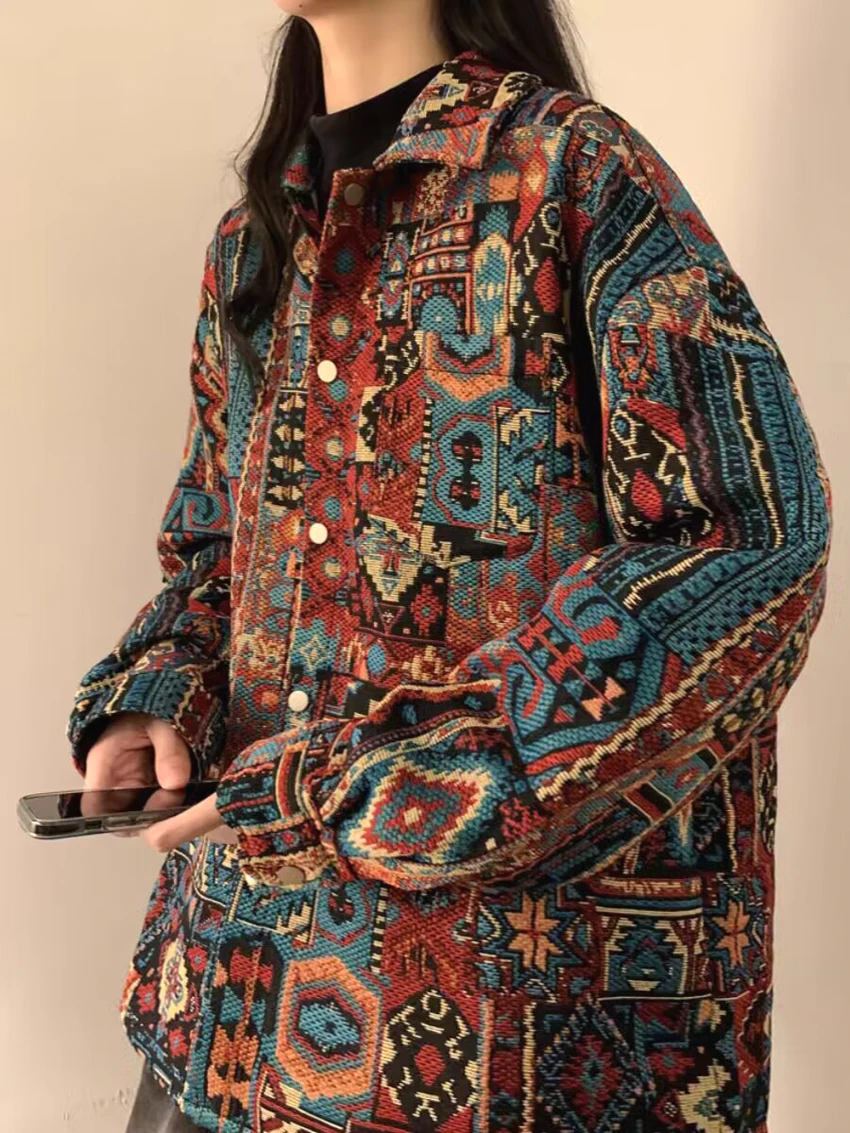 

Retro American Baroque Tibetan Sle Men's Spring Autumn irt Indian Couple's Jaet Loose Fit Long Sve Youth Faion