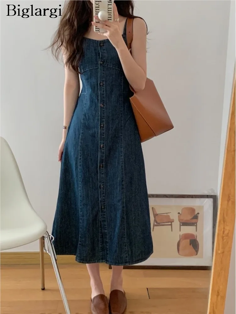 

Denim Sleeveless Slip Summer Dress Women Retro Fashion Slim High Waist Ladies Dresses Korean Style Ruffle Pleated Woman Dress