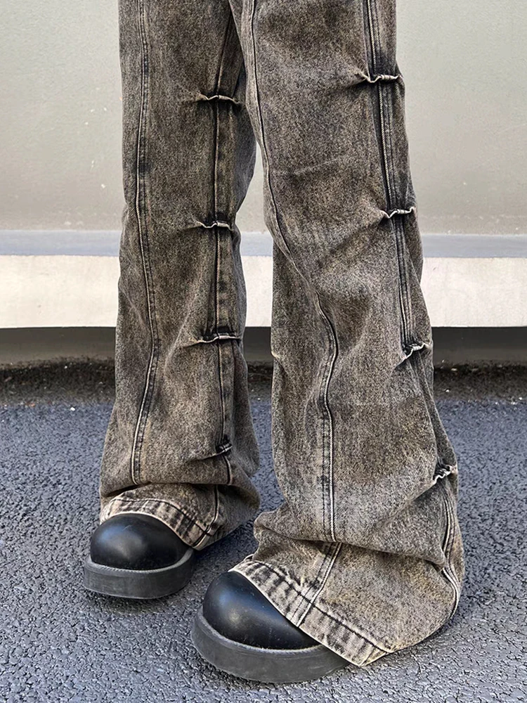 REDDACHIC جينز عتيق مغسول Pintuck مضيئة للرجال يفعل قديمًا منخفض الارتفاع Pintuck Ruched واسع من قيعان جرس من قماش الدنيم Y2k Harajuku ملابس الشارع