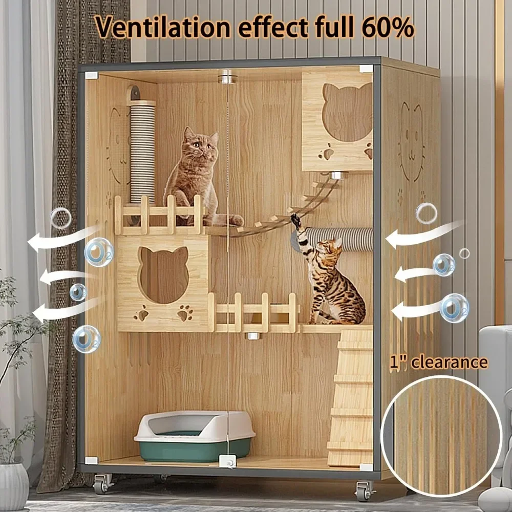 بيت قطط خشبي كبير فاخر، قفص قطط داخلي/خارجي، مساحة كبيرة مع عجلات، شقة قطط مغلقة متعددة الميزات