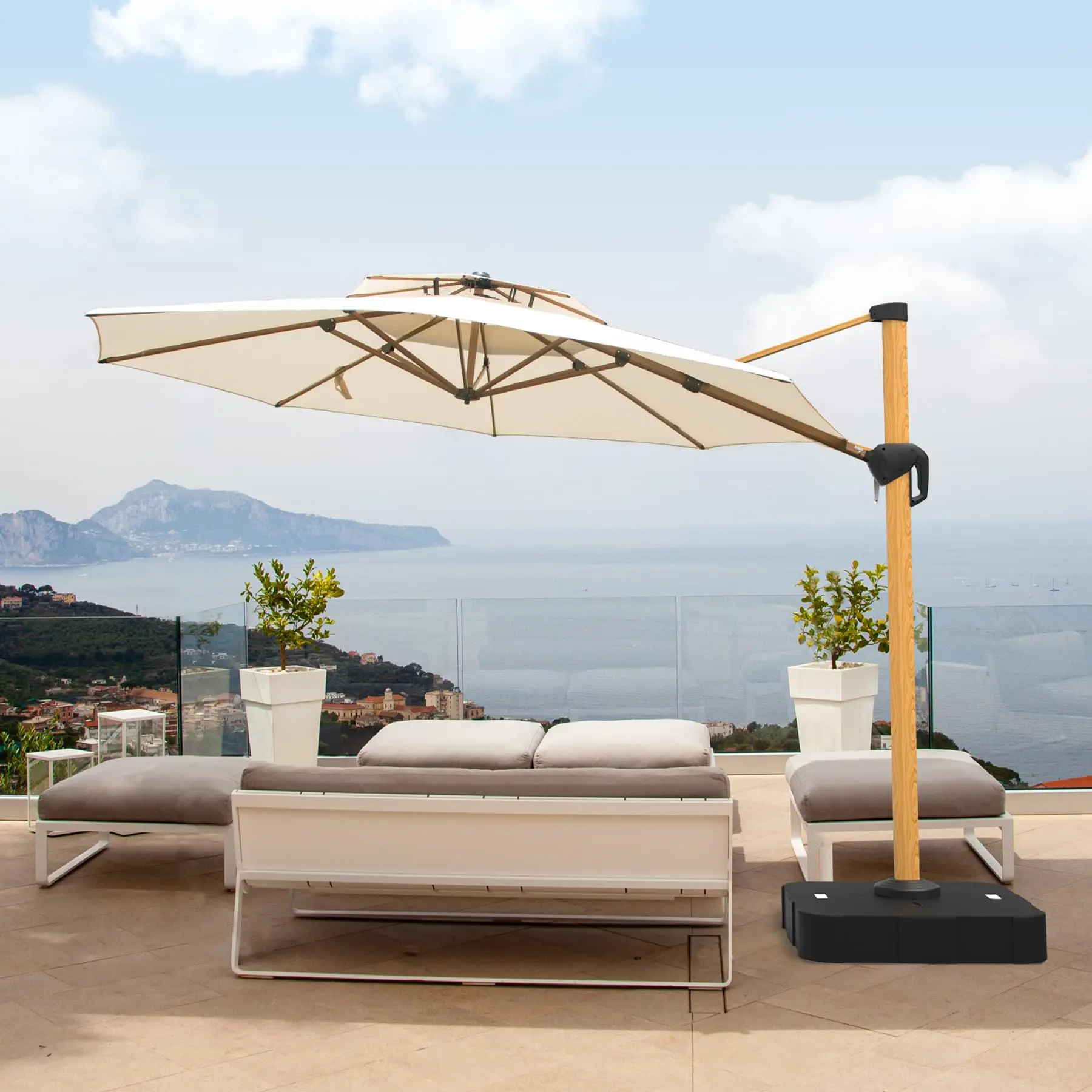 3.6M Windproof Offset Patio Umbrella Large Cantilever Outdoor Umbrella With Wood Aluminum Frame For Garden Deck Pool Patio