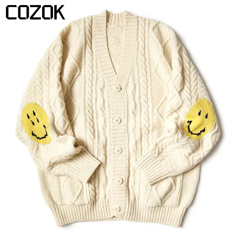 

Kapital Vintage V-neck Knitted Thickened Warm Sweater Men Japanese Smiling Face Print Cardigan Jacket Wool Winter Sweater