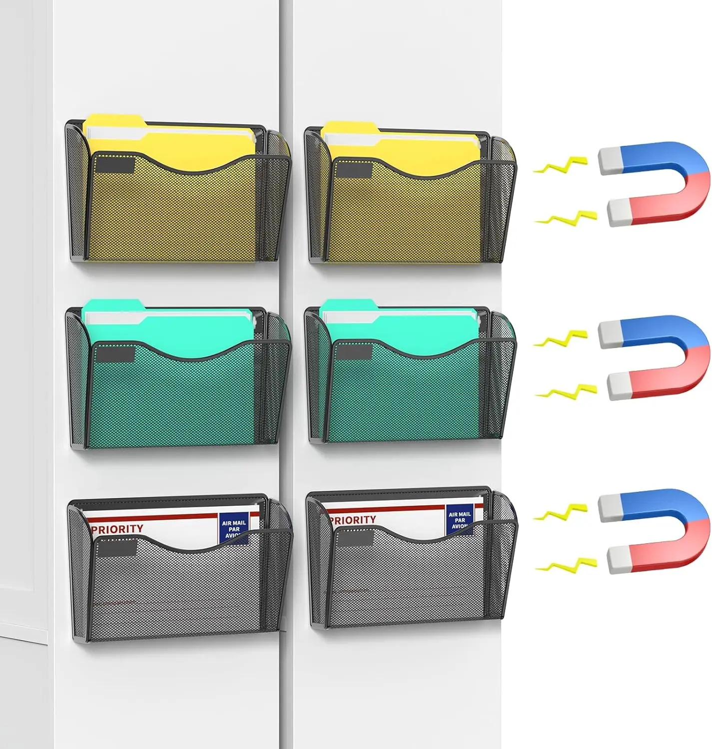 

6-Pack Magnetic File Holders, No-Drill Wall Organizer for Office/Home Paper Storage