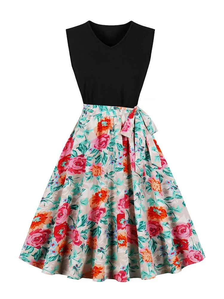 50s Retro Vintage Women Summer Dress V Neck Sleeveless High Waist Chic Floral Print Robe Belt