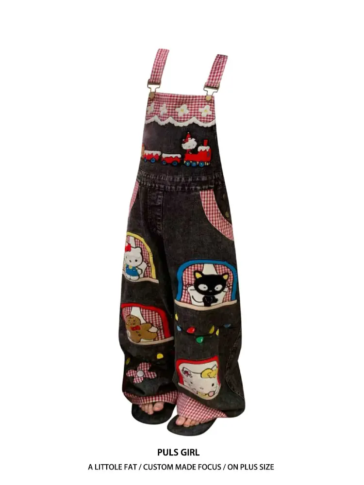 

Large Size American Retro Washed Cartoon Embroidered Plaid Denim Overalls Women's Wide Leg Long Pants High Waist Casual Style