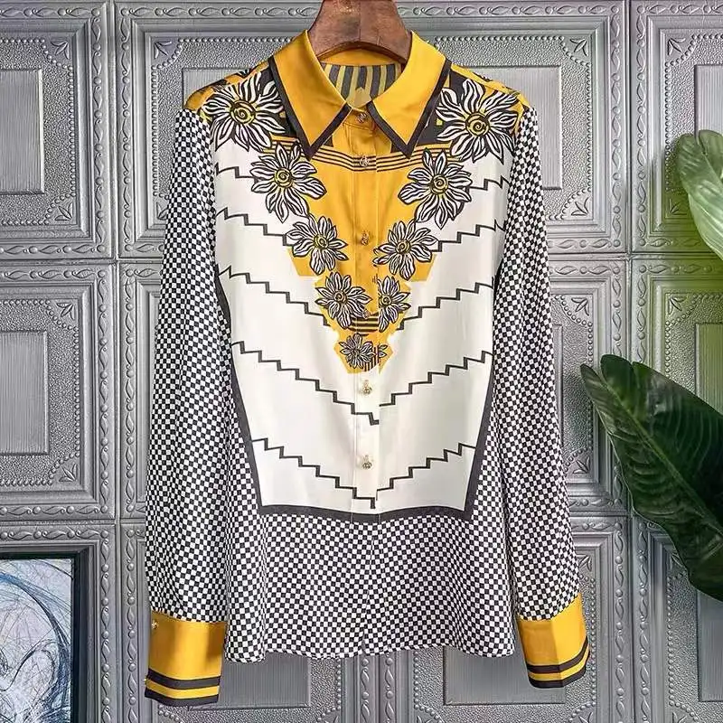 Camisa feminina de manga comprida de lapela estampada, blusa feminina, camisa macia, 2023