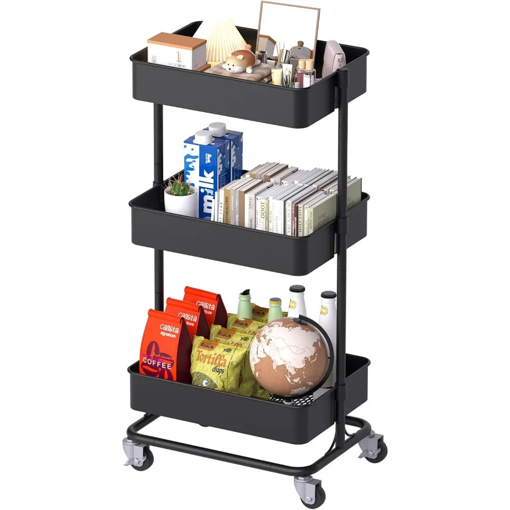 

3 Tier Metal Rolling Cart with Wheels, Utility Storage Cart with Handle and Lockable Casters, Storage Basket Organizer Shelves,