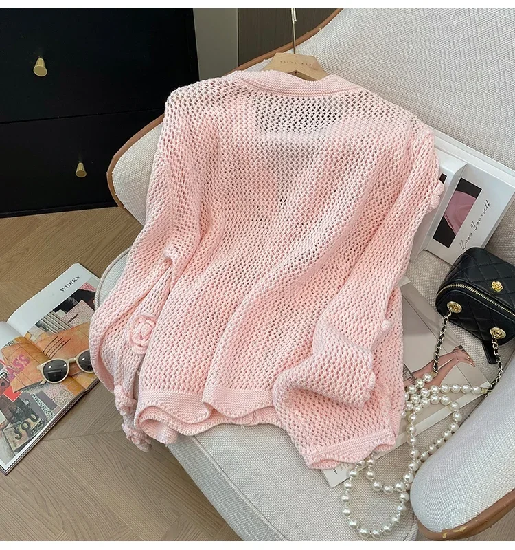 French Holiday Style Short Pink Knitted Cardigans Women 2024 Early Autumn New Elegant Long Sleeve V-neck Knitting Cardigan Tops