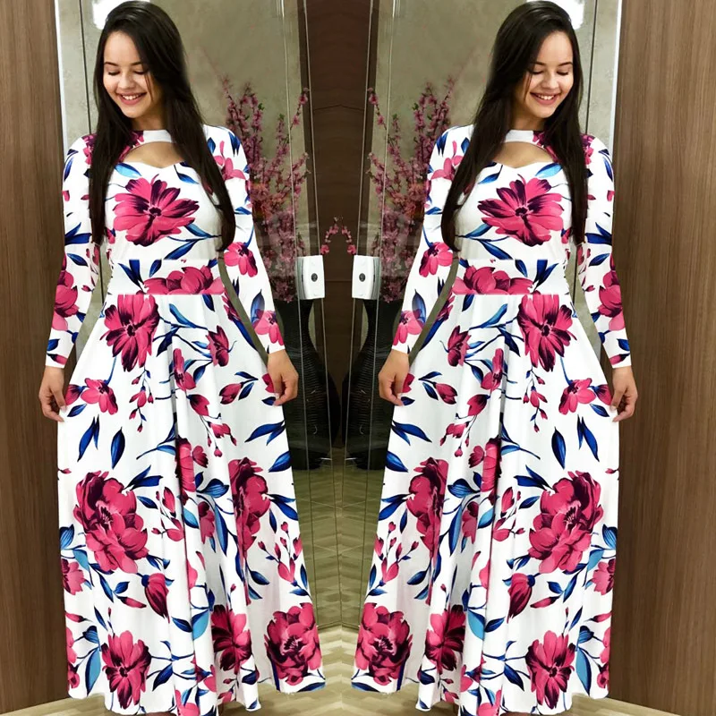 Elegant Spring Autumn Women\'s Dress 2024 Casual Fashion Floral Print Super Long Dress Fashion Hollow Out Long Vestidos Dresses