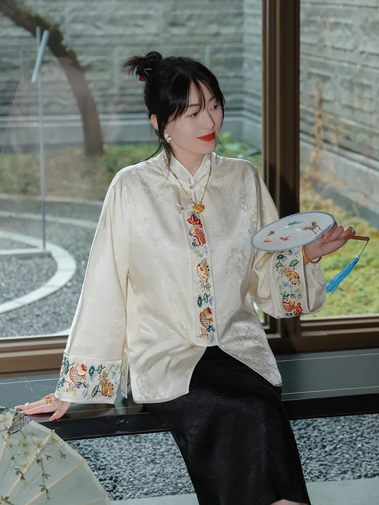 

Chinese Sle Embroidered ort Jaet Women's Design Sensation Stand Collar Zen Meaning Top Heavy Work Acetate Fabric Long S...