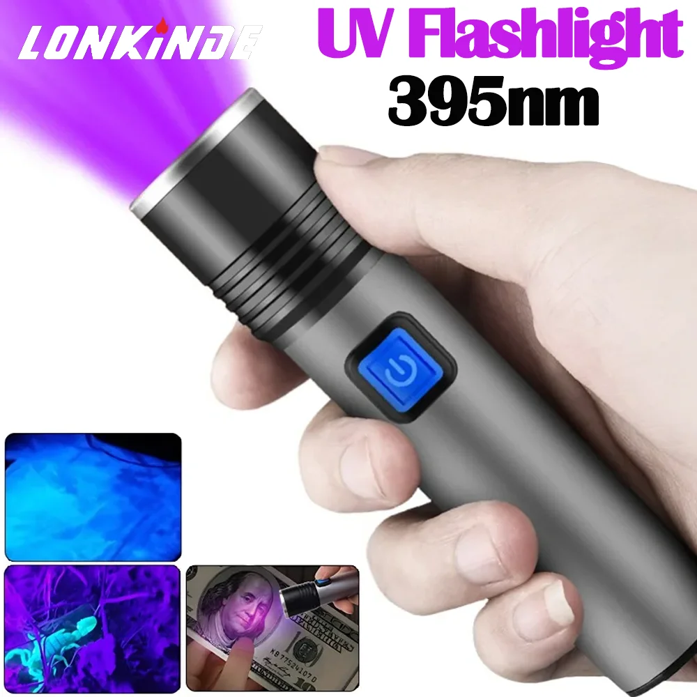 

395nm UV Flashlight Blacklight Zoomable USB Rechargeable UV Light Ultraviolet Flashlight Pet Urine Detection Resin Curing Torch