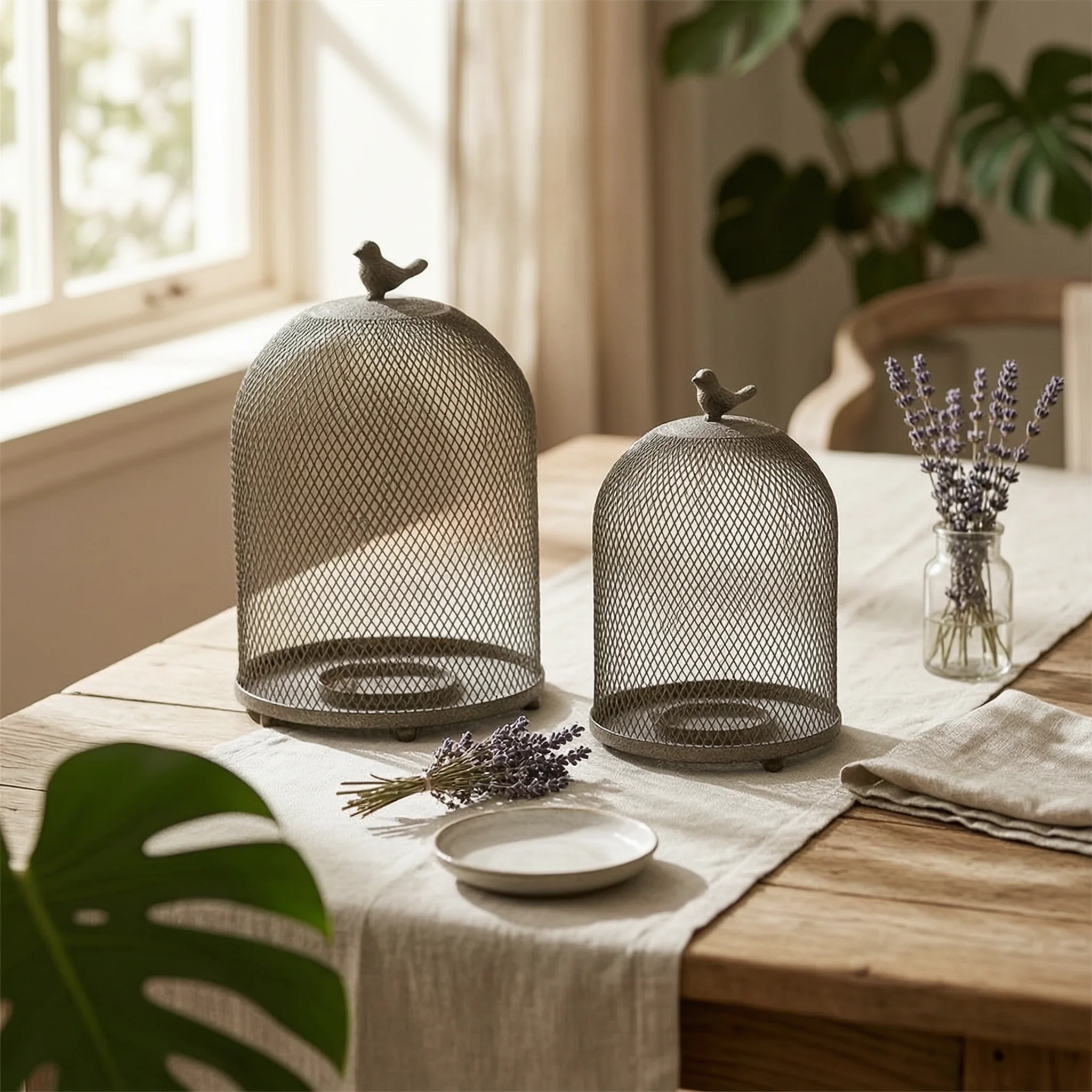 2 Pieces Birdcage Candle Lantern Rustic Iron Lantern with Bird Ornament Decor Weathered for Dining Table, Living Room