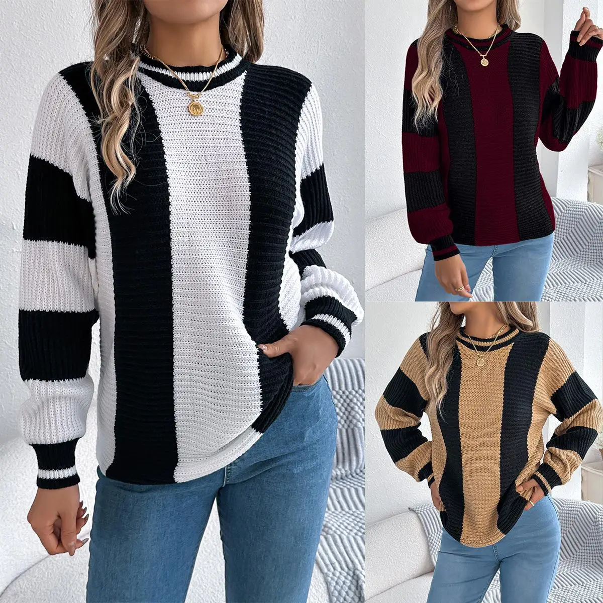 Casual Stripe Long Sve Overhead Sweater Autumn Winter Women's Faion Cross-Border Lantern Sve Knitwear Comfortable Fit