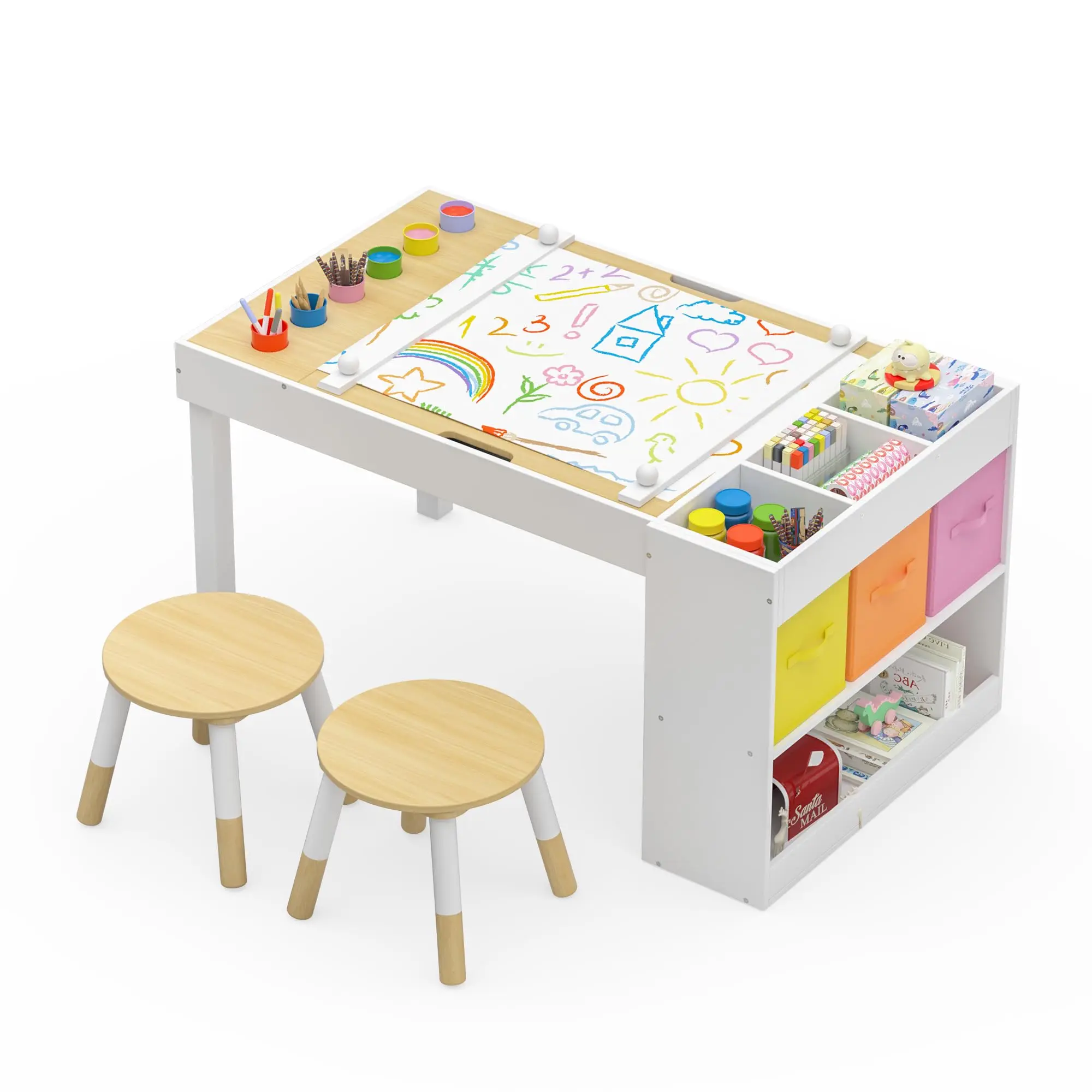 Art Table and 2 Chairs Set, 3-in-1 Toddler Activity Table with Storage