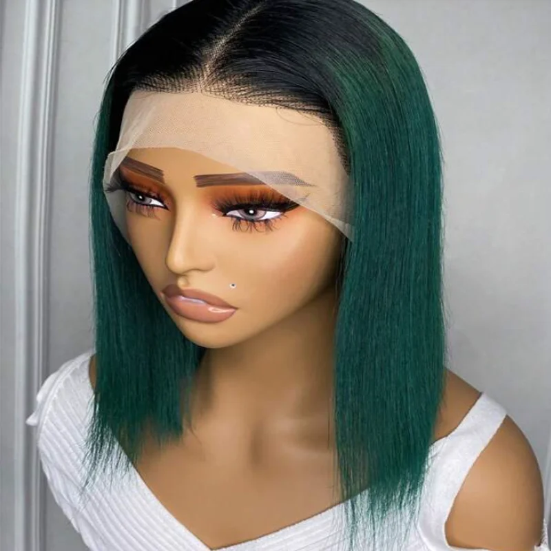 Soft Short Bob Ombre Green Straight 180Density Lace Front Wig For Black Women Babyhair Preplucked Heat Resistant Glueless