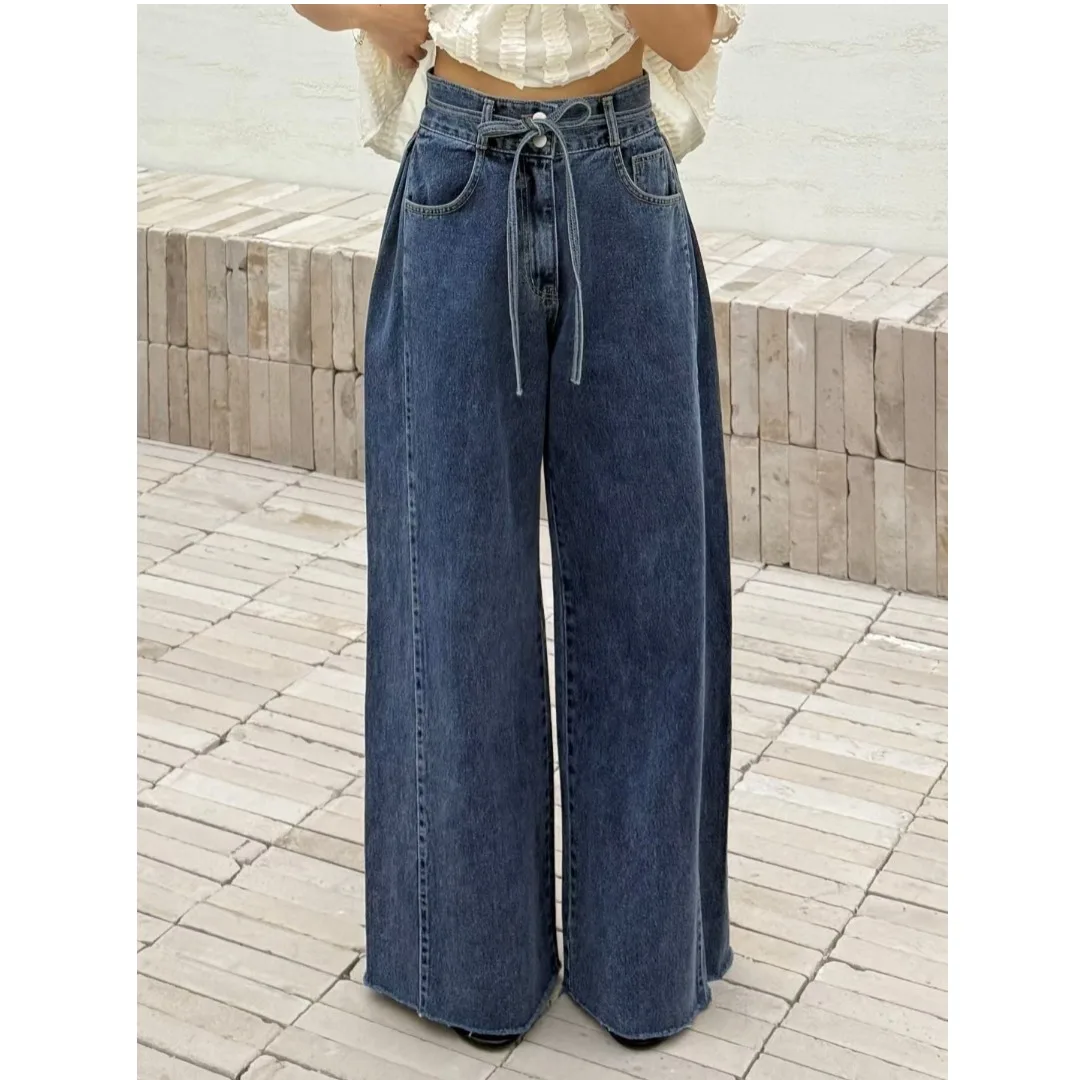 

Джинсы с высокой талией и широкими штанинами, плиссированные, с завязками, повседневные, из хлопкового денима, женские, премиум-класса, модные, для молодых женщин