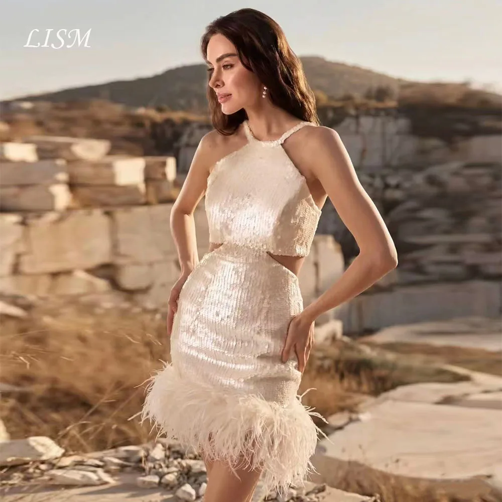 

LISM Sexy Sequin Short Prom Dresses Halter Mini Dress for Wedding Party Mermaid Sparky Prom Gown Corset Back Customized 2026