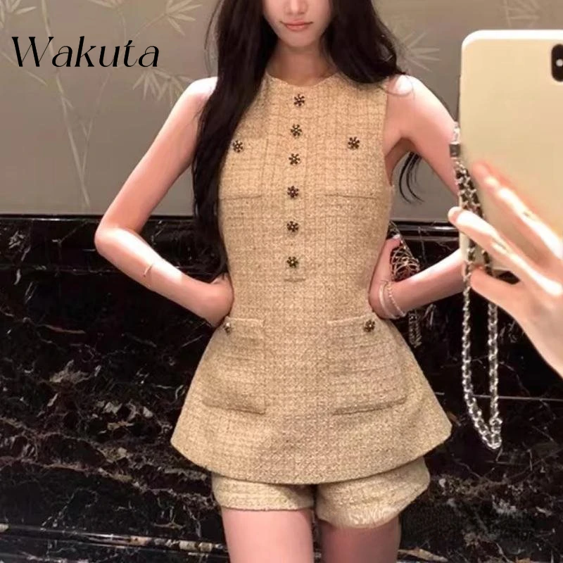 WAKUTA Vintage Round Neck Sleeveless Single Breasted Small Fragrance Sets Women\'s Yazhu Pian Vest Short Two Piece Matching Sets