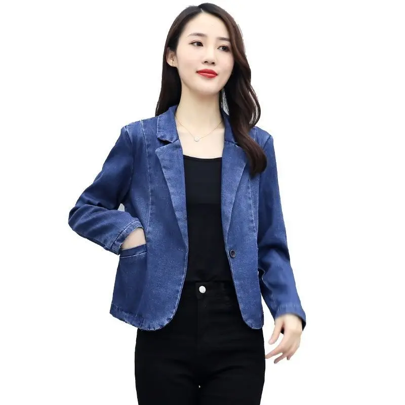 Spring Short Style Blue Denim Blazer Ladies Long-sleeved One Button Jeans Blazer Jackets For Women