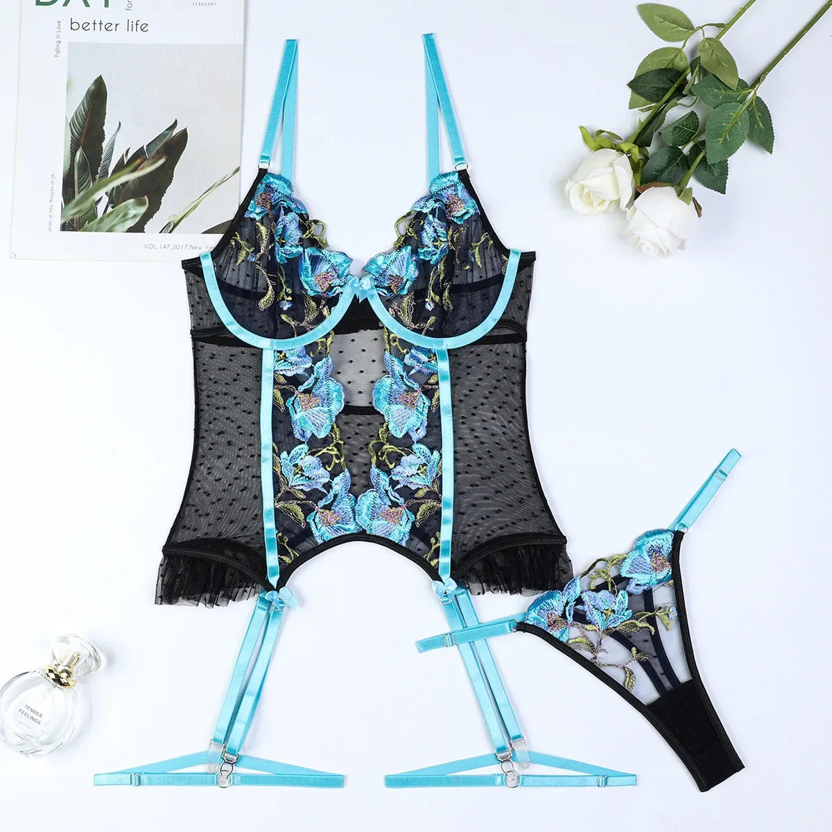 Sexy Lingеrie Floral Embroidery Attractive Suspenders Bra Polka Dot Brazilian Set Women Sex Underwear Fancy Hot Corset Intimate