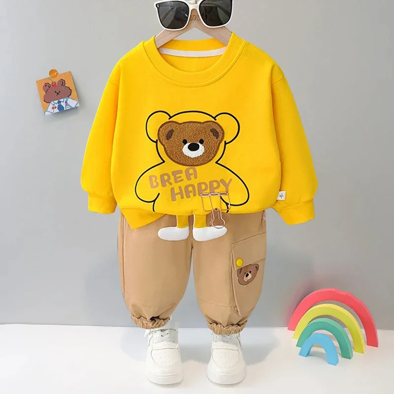 

2025 new children's cartoon bear long sleeved set boys pure cotton top and pants casual Korean version twopiece set