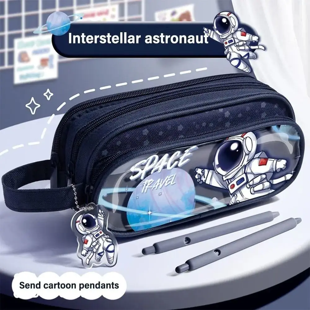

Three-Layers Cartoon Girls Pencil Bag Astronaut Cartoon Girls Large Capacity Pencil Pouch with Keychain Multifunction