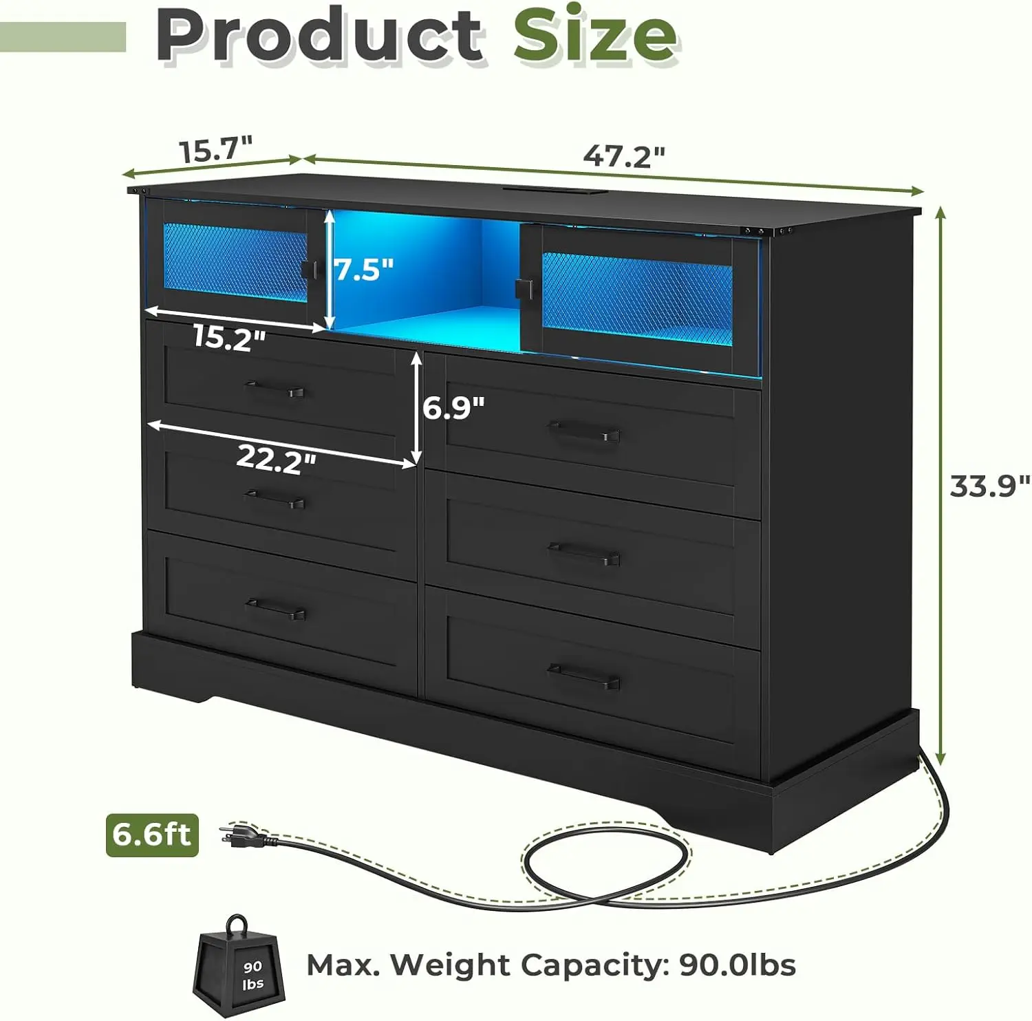 Cômoda com luzes LED e estação de carregamento, Farmhouse peito de gavetas, Closet Organizer, 6 gavetas