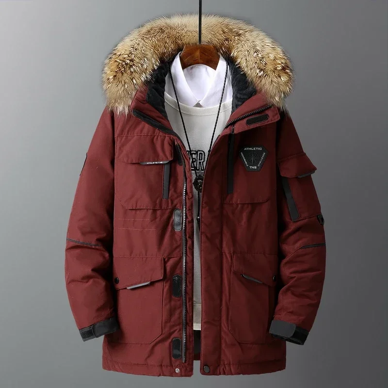 -30 Degree White Duck Down Parkas Men Windproof Hooded Thicken Multi-pocket Down Coat Fur Collar Hooded Thick Winter Jacket