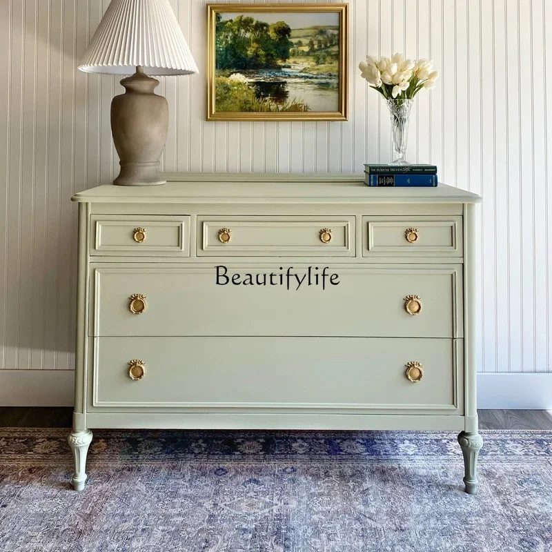 

02 American rural light luxury solid wood bucket cabinet French retro carved porch cabinet