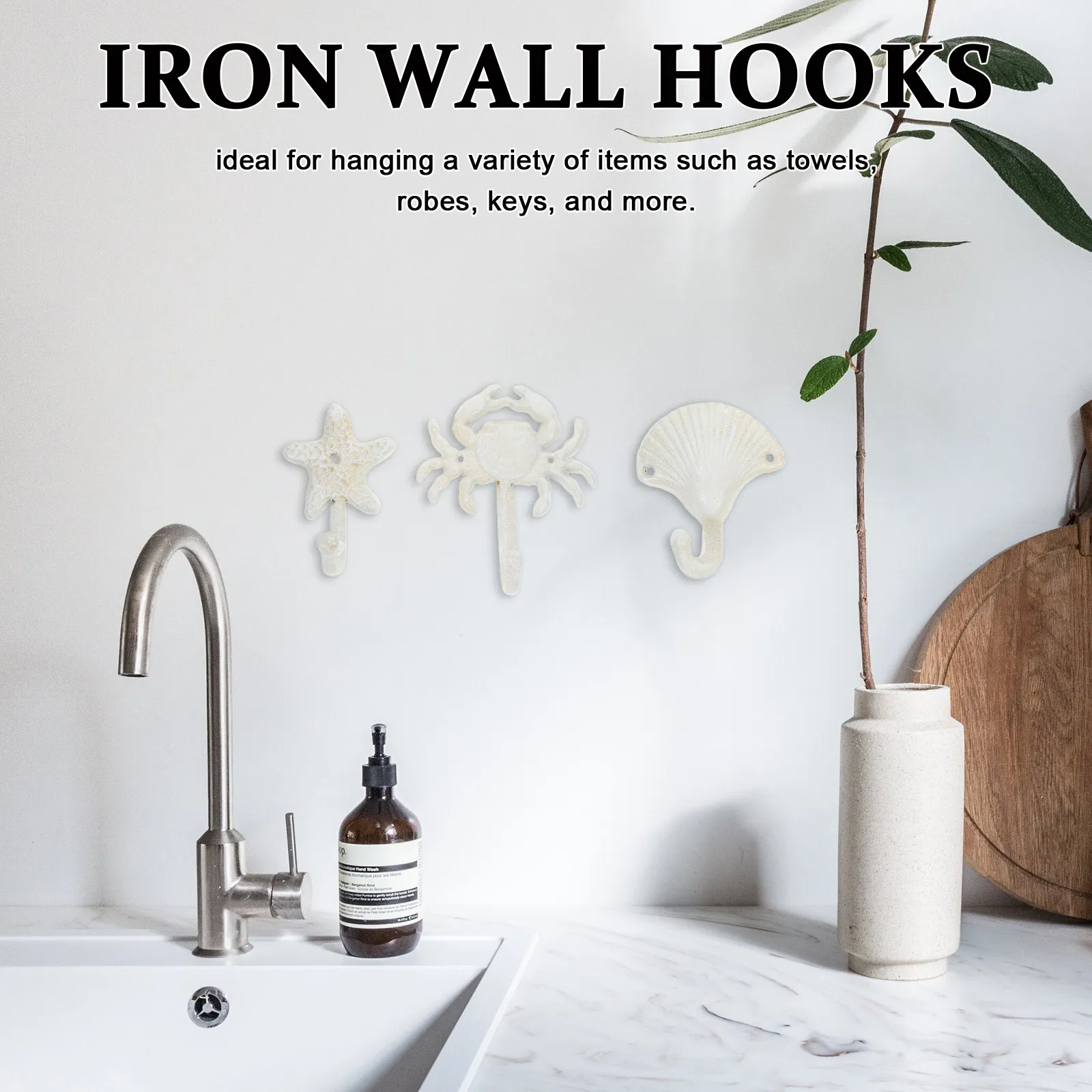 Ocean Theme Wall Hooks for Families to Organize and Decorate, 3-Piece White Vintage Cast Iron Set for Towels, Robes and Keys