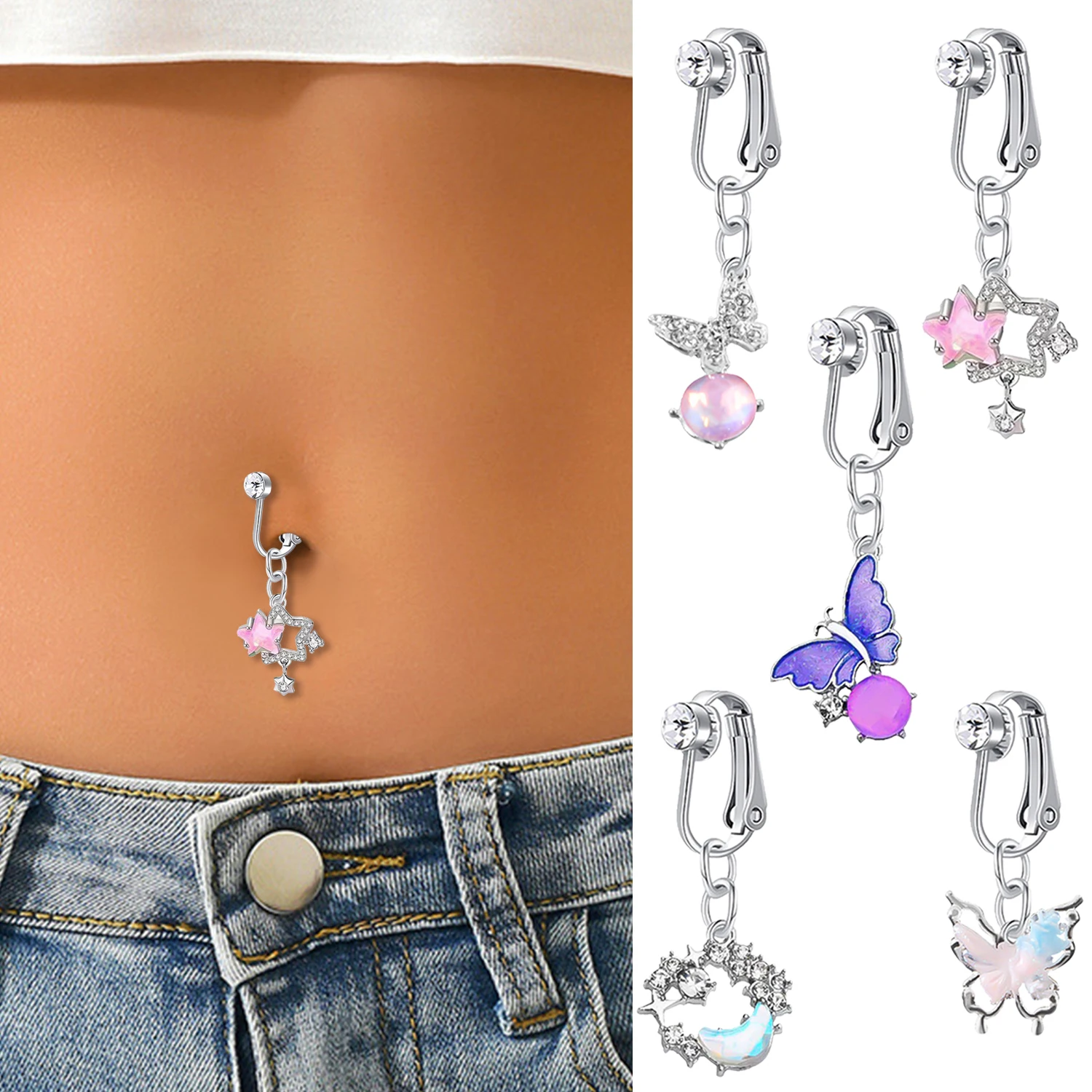 1 pc faux gefälschte Bauchs tern Mond gefälschte Bauch Piercing Herz Zirkon Clip auf Nabel nicht durchdringen den Schmuck Ohrring Clip