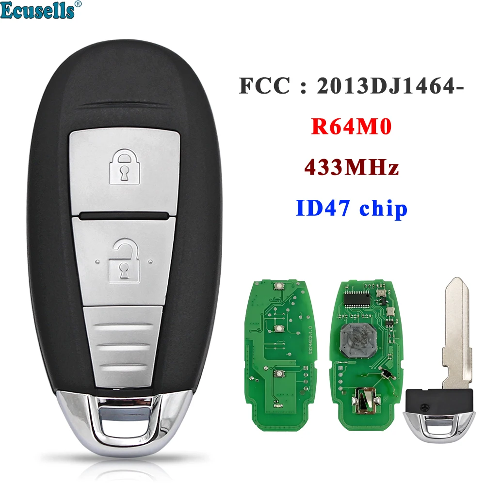 2 Buttons Auto Smart Card Remote Car Key 433MHz ID47 Chip for Suzuki Vitara FCCID :2013DJ1464-R64M0