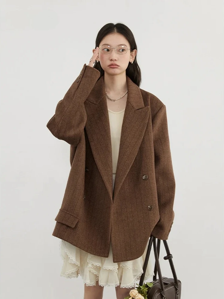 CHIC VEN Women Woolen Blazers Casual Office Lady Loose Wide Shoulder Suit Fashion Retro Stripe Coat Spring Autumn New 2025