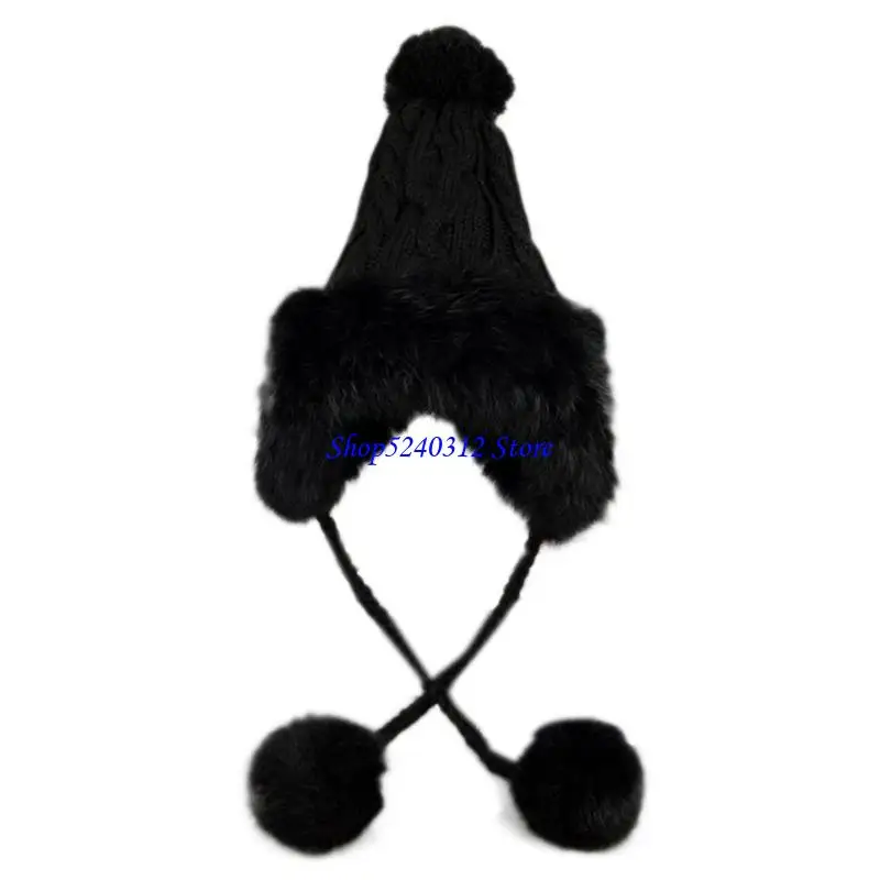 634C Women Winter Cable Knit Trapper Hat Plush Trim Thick Faux Fleece Lining Thermal Warm Pom Pom Earflap Cap