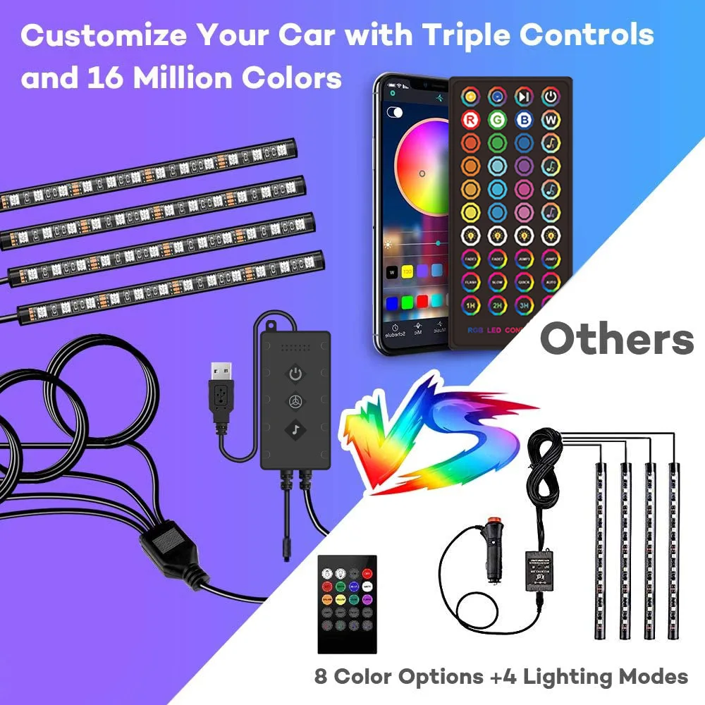 4pcs Automotive Interior Decorative Lights LED Car Foot Light 12 LED Atmosphere Lamp Ambient Lamp Remote/Voice Control