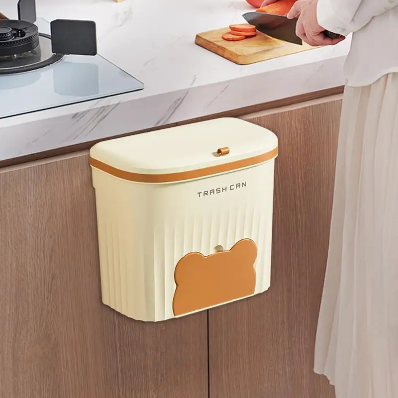 Wall Mount Trash Bin Floating Cabinet Door Trash Can With Lid Food Waste Bin With Trash Bag Storage Compartment For Kitchen