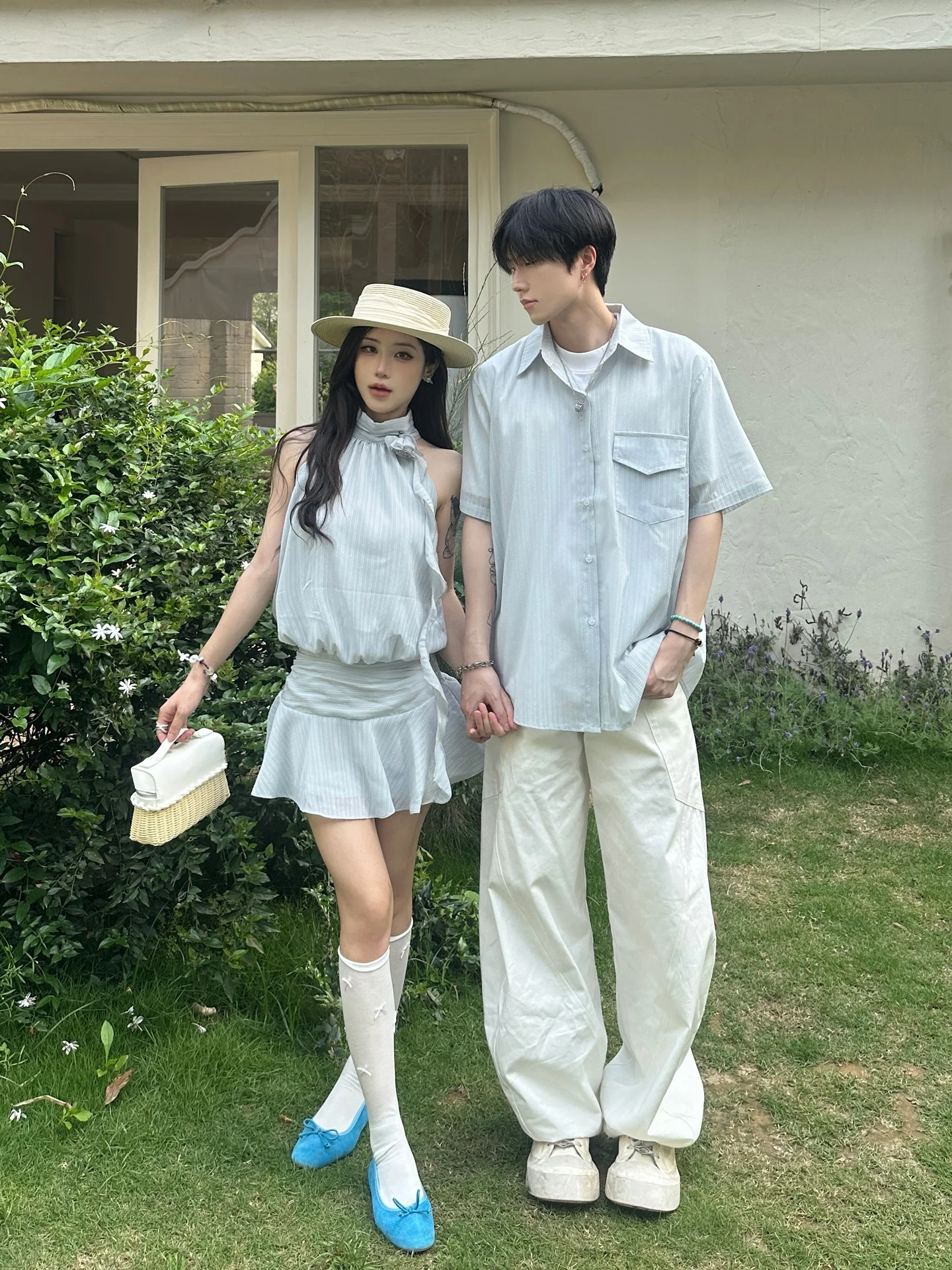 

Couple's Striped Short Sleeve Shirt Dress for Men And Women Slimming Short Skirt Trendy Hot Girl Neck Hanging French Style Lo...