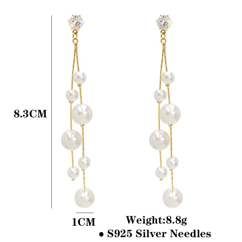 Imiation Pearl Long Tassel Dangle Earrings for Women Wedding Party Statement Jewelry Golden Rhinstones Trendy Drop Earrings
