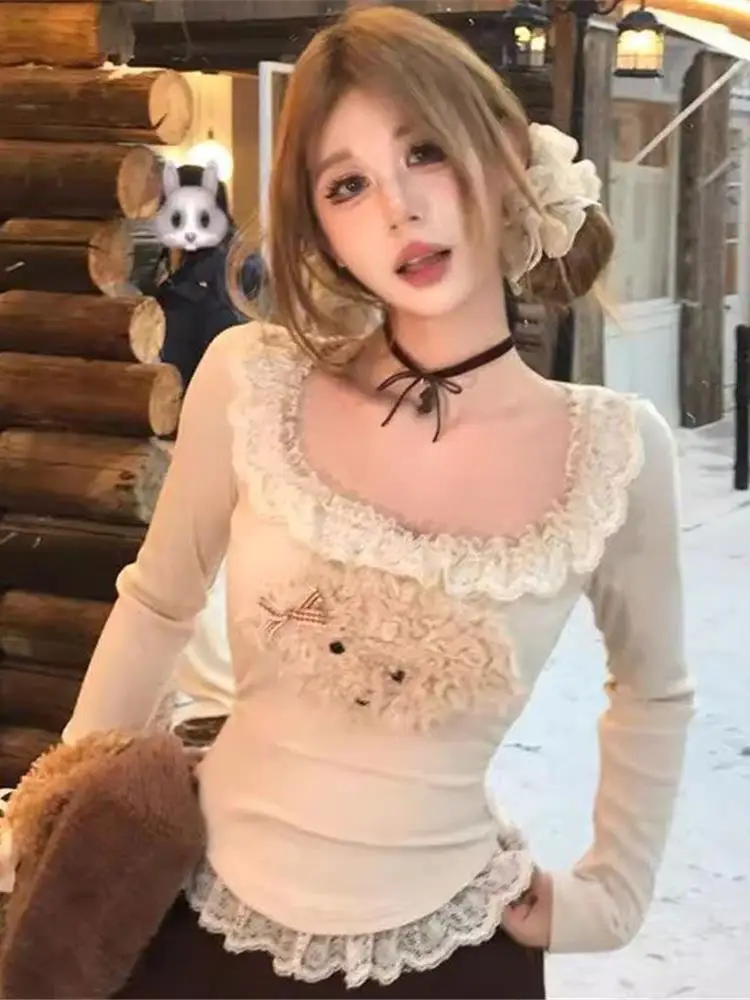 

Осенне-зимняя новинка: женская футболка с длинным рукавом и кружевом в стиле Pure Desire, облегающий дизайн, базовый топ