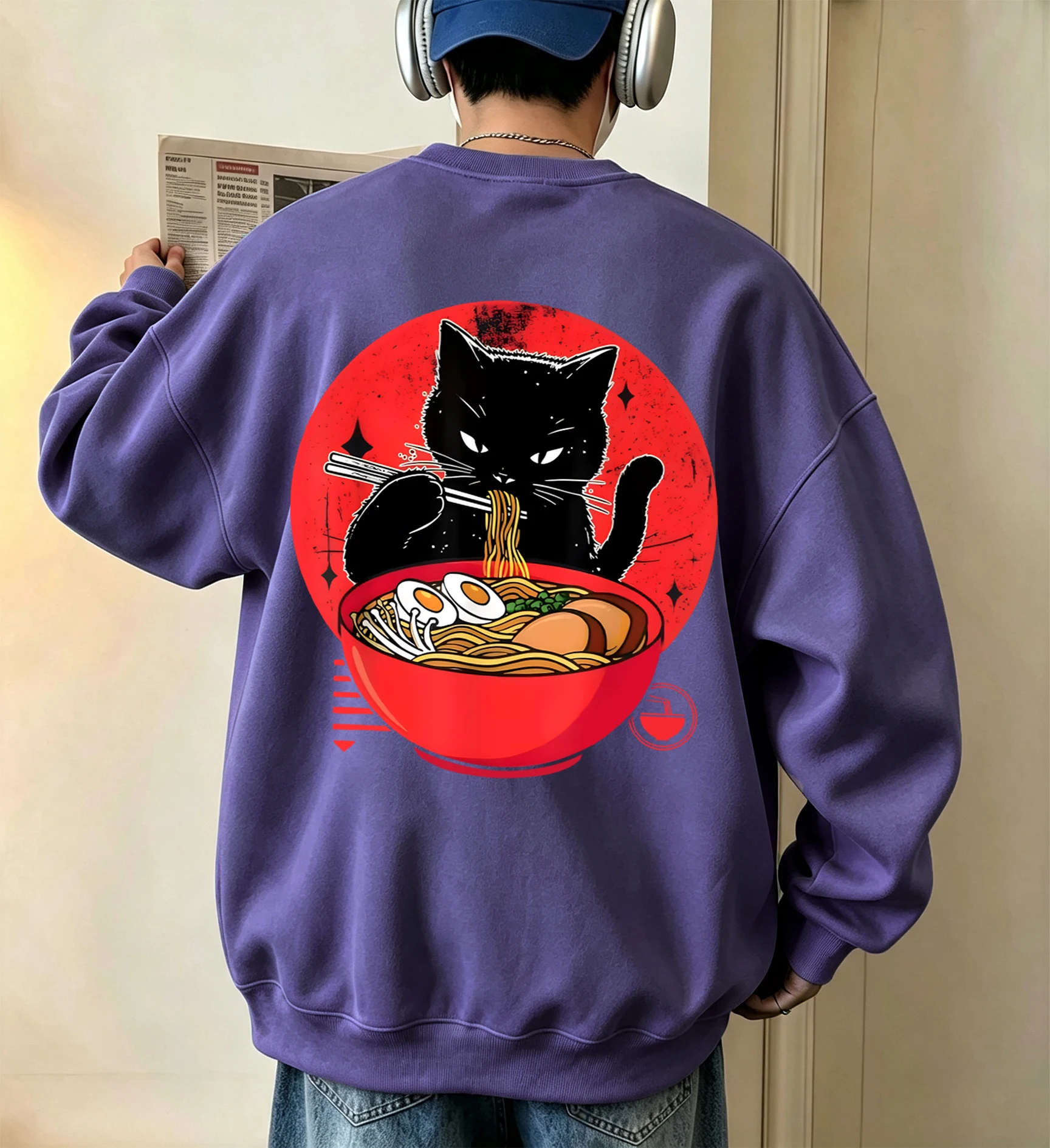 Enjoy The Cat Of Lamian Noodles Pattern Men Spring Autumn O-Neck Sweatshirts Fashion Fleece Hoodless Tops Sport Warm Clothes