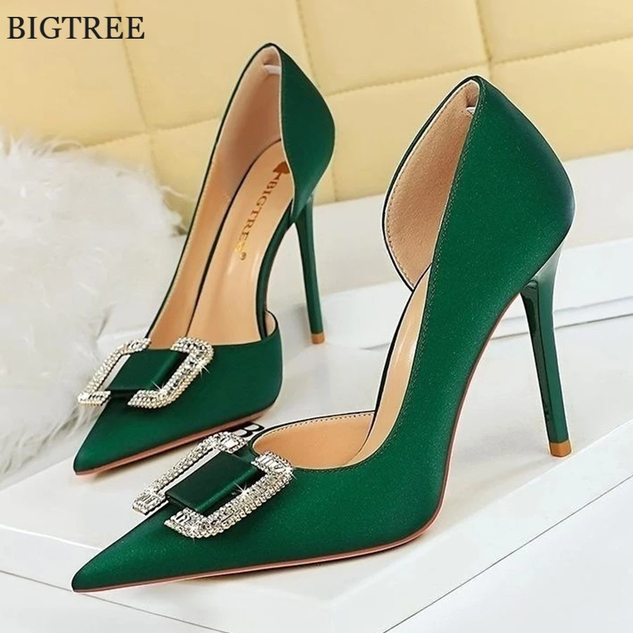 

10 Colors Elegant Crystal Buckle Shallow Women Wedding Shoes Pointy Toe Soft Silk Sexy Side Hollow High Heels Female Pumps Party