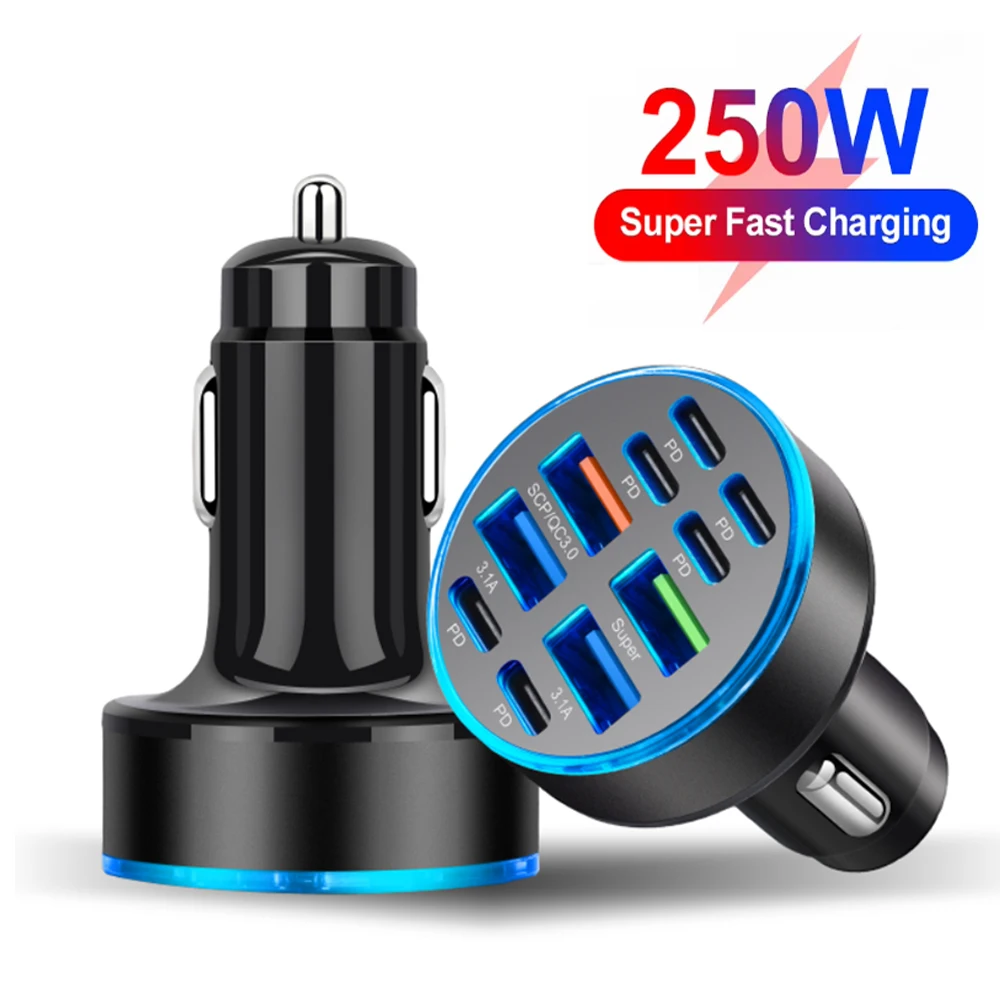 250W 10 Ports Car Charger Fast Charging PD QC3.0 USB C Car Phone Charger Type C Adapter in Car For iPhone Samsung Huawei Xiaomi