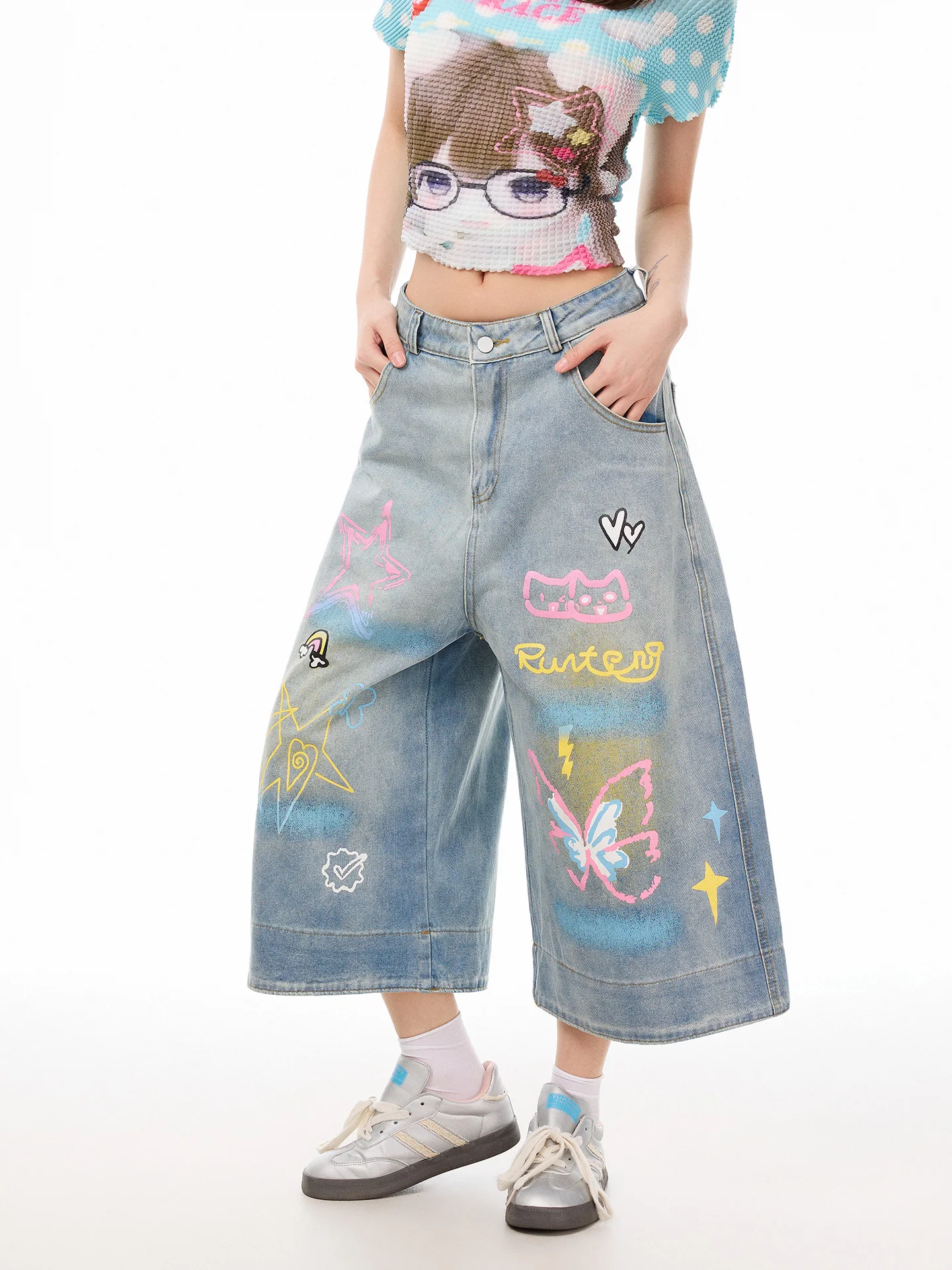 PBB Graffiti Star Print Denim Wide Leg Jeans Women's Loose Casual Dopaamine Sweet And Spicy Straight Tube Seven-Foot Pants